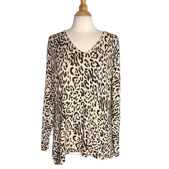Cheetah Print Silk Rabbit Hair Blend VNeck Light Weight Sweater Neutral PP11 - Picture 1 of 9